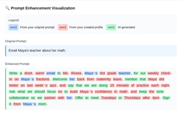 PromptPath demo: an enhanced prompt colored by where each word came from